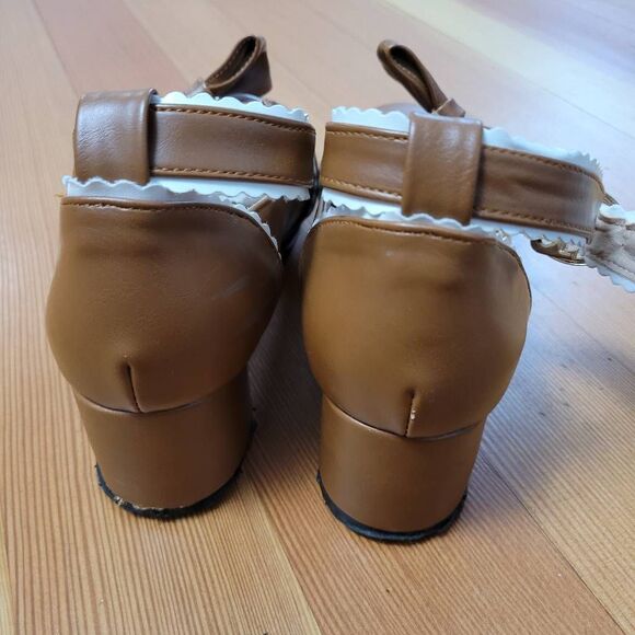Gingerbread brown mary janes block heel bow detail white scalloped accent lolita - Picture 6 of 8